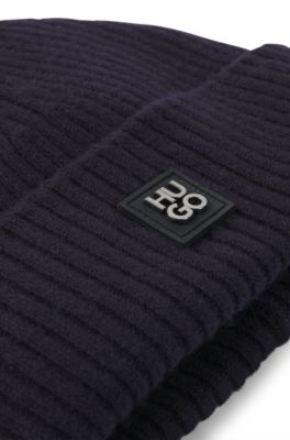 Gorro de punto de lana virgen con detalle de logo apilado, Azul oscuro