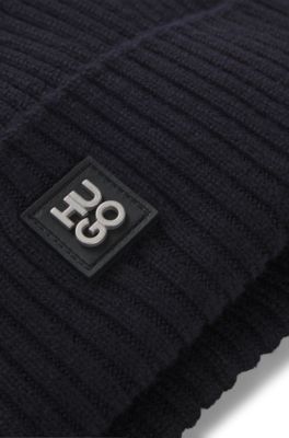 Virgin-wool beanie with stacked logo, Dark Blue