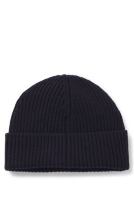 Gorro de punto de lana virgen con detalle de logo apilado, Azul oscuro