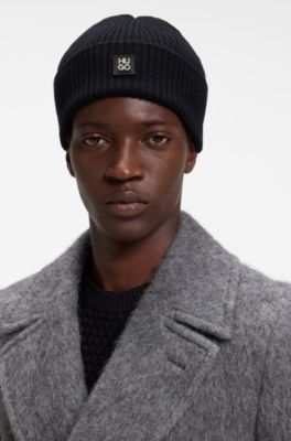 Virgin-wool beanie with stacked logo, Dark Blue