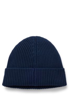 Bonnet en laine vierge avec badge &agrave; logo revisit&eacute;, Bleu fonc&eacute;