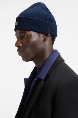 Bonnet en laine vierge avec badge &agrave; logo revisit&eacute;, Bleu fonc&eacute;