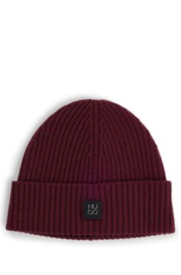 Hugo Boss Virgin-wool Beanie Hat With Stacked Logo In Dark Pink
