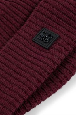 Gorro de punto de lana virgen con detalle de logo apilado, Rosa oscuro