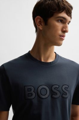 Camiseta regular fit de punto de algod&oacute;n con detalle de logo, Azul oscuro