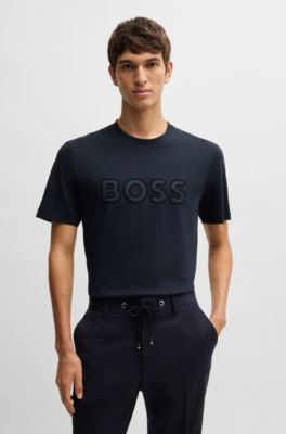 Camiseta regular fit de punto de algod&oacute;n con detalle de logo, Azul oscuro