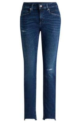Jean bleu en denim stretch effet us&eacute; avec bas de jambes effiloch&eacute;s, Bleu fonc&eacute;