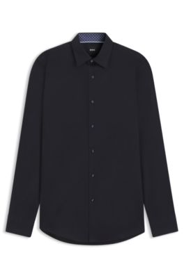 Camisa slim fit en popel&iacute;n de algod&oacute;n de planchado f&aacute;cil, Azul oscuro