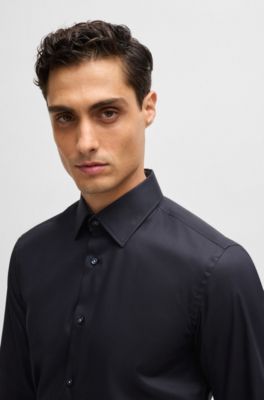 Camisa slim fit en popel&iacute;n de algod&oacute;n de planchado f&aacute;cil, Azul oscuro