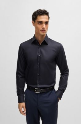 Camisa slim fit en popel&iacute;n de algod&oacute;n de planchado f&aacute;cil, Azul oscuro