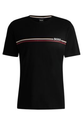 Hugo Boss Stretch-cotton Pajama T-shirt With Stripe And Logo In Black
