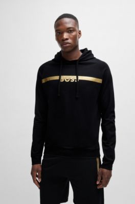 Cotton-terry regular-fit hoodie with foil-print logo, Black