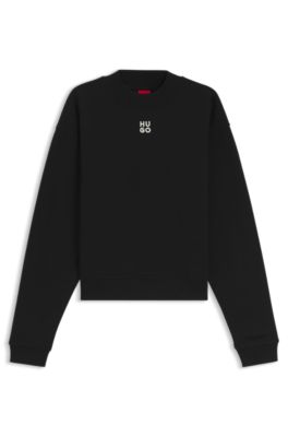 Sudadera de felpa de algod&oacute;n con bordado de logo apilado, Negro