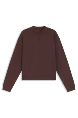 Sudadera de felpa de algod&oacute;n con bordado de logo apilado, Marr&oacute;n oscuro