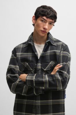 Camisa oversize fit en sarga de algod&oacute;n a cuadros pr&iacute;ncipe de Gales, Negro