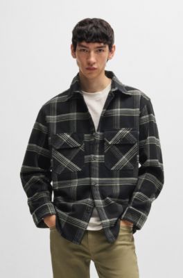 Camisa oversize fit en sarga de algod&oacute;n a cuadros pr&iacute;ncipe de Gales, Negro