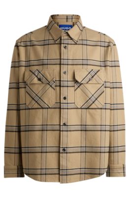 Hugo Boss Oversize-fit Shirt In Checked Cotton Twill In Beige