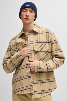 Camisa oversize fit en sarga de algod&oacute;n a cuadros pr&iacute;ncipe de Gales, Beige