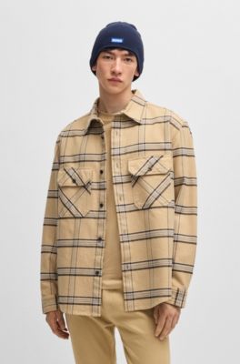 Camisa oversize fit en sarga de algod&oacute;n a cuadros pr&iacute;ncipe de Gales, Beige