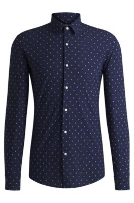 Slim-fit shirt in printed performance-stretch jersey, Dark Blue