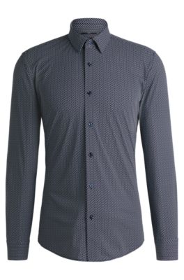 Slim-fit shirt in printed performance-stretch jersey, Dark Blue