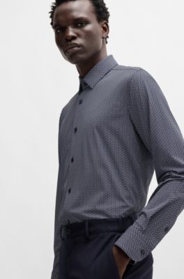 Slim-fit shirt in printed performance-stretch jersey, Dark Blue