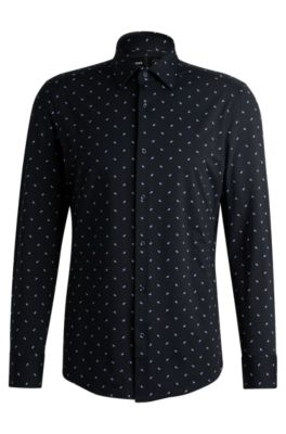 Hugo Boss Slim-fit Shirt In Printed Performance-stretch Fabric In Dark Blue