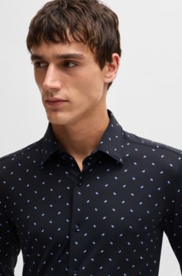 Camisa slim fit de tejido el&aacute;stico t&eacute;cnico estampado, Azul oscuro