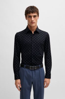Camisa slim fit de tejido el&aacute;stico t&eacute;cnico estampado, Azul oscuro