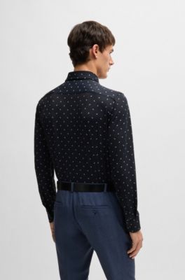 Camisa slim fit de tejido el&aacute;stico t&eacute;cnico estampado, Azul oscuro