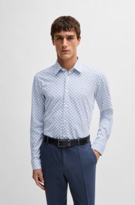 Camisa slim fit en punto de algod&oacute;n estampado, Azul
