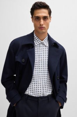 Camisa slim fit en punto t&eacute;cnico el&aacute;stico estampado, Azul oscuro