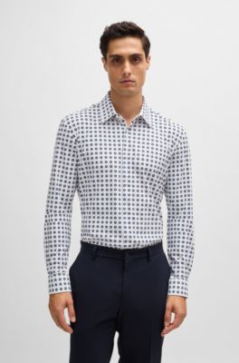 Camisa slim fit en punto t&eacute;cnico el&aacute;stico estampado, Azul oscuro