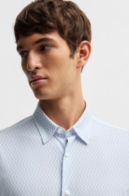 Camisa slim fit en punto t&eacute;cnico el&aacute;stico estampado, Celeste