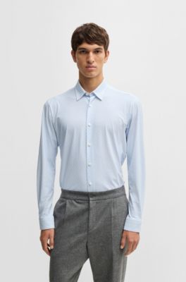 Camisa slim fit en punto t&eacute;cnico el&aacute;stico estampado, Celeste