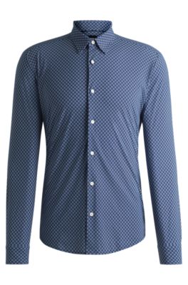 Hugo Boss Slim-fit Shirt In Printed Performance-stretch Jersey In Light Blue