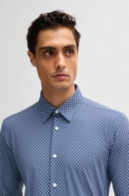 Camisa slim fit en punto t&eacute;cnico el&aacute;stico estampado, Celeste
