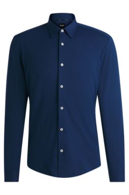 Hugo Boss Slim-fit Shirt In Melange Performance-stretch Jersey In Blue
