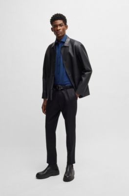 Chemise d&eacute;contract&eacute;e &agrave; manches longues en coton fa&ccedil;onn&eacute;, Bleu fonc&eacute;