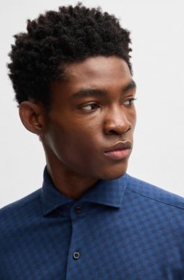 Chemise d&eacute;contract&eacute;e &agrave; manches longues en coton fa&ccedil;onn&eacute;, Bleu fonc&eacute;