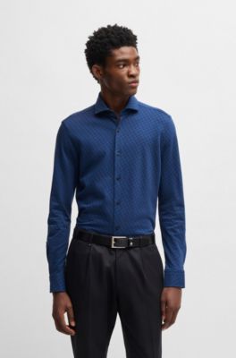 Chemise d&eacute;contract&eacute;e &agrave; manches longues en coton fa&ccedil;onn&eacute;, Bleu fonc&eacute;