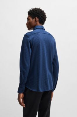 Chemise d&eacute;contract&eacute;e &agrave; manches longues en coton fa&ccedil;onn&eacute;, Bleu fonc&eacute;