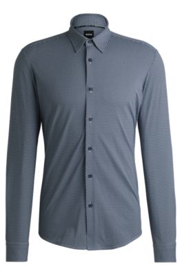 Hugo Boss Slim-fit Shirt In Printed Performance-stretch Fabric In Gray
