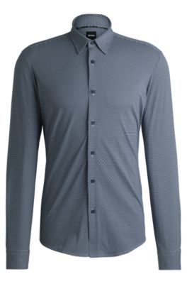 Camisa slim fit de tejido el&aacute;stico t&eacute;cnico estampado, Azul oscuro