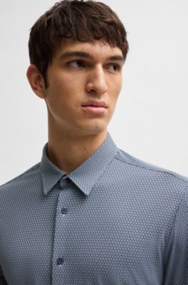 Camisa slim fit de tejido el&aacute;stico t&eacute;cnico estampado, Azul oscuro