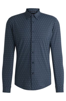 Camisa slim fit de tejido el&aacute;stico t&eacute;cnico estampado, Celeste