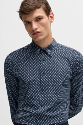 Camisa slim fit de tejido el&aacute;stico t&eacute;cnico estampado, Celeste