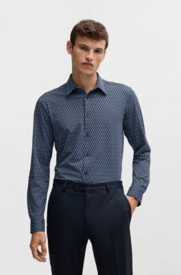 Camisa slim fit de tejido el&aacute;stico t&eacute;cnico estampado, Celeste