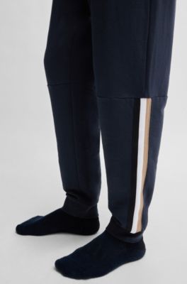 Cotton-terry tracksuit bottoms with tape inserts, Dark Blue