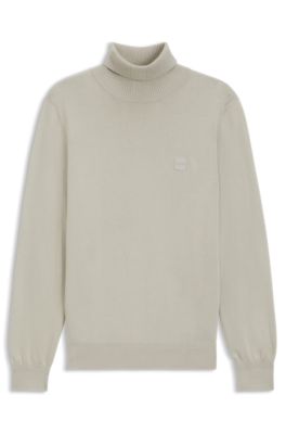 Turtleneck sweater in cotton and cashmere with logo patch, Light Beige